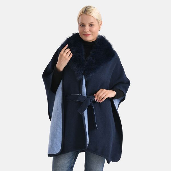 LA MAREY Poncho mit Kunstfellkragen und G&uuml;rtel, Einheitsgr&ouml;&szlig;e, 80x103cm, Blau