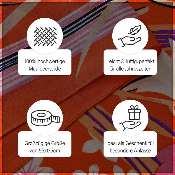 LA MAREY – Satinschal aus Maulbeerseide, Orange mit Blumenmuster image number 4