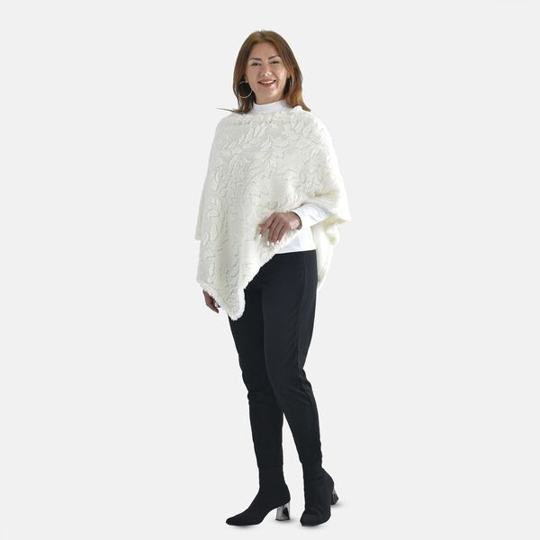 Kunstfell Poncho mit Blattmuster, Wei&szlig;