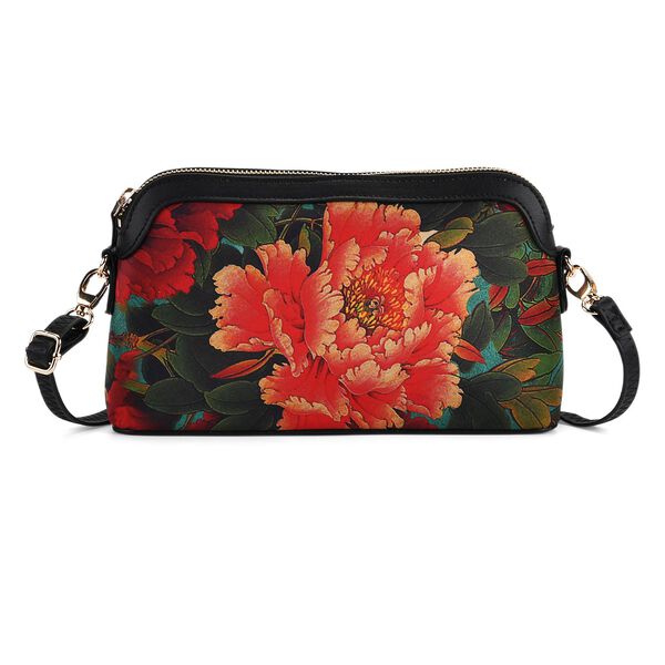 LA MAREY Crossbody Tasche aus 80% Seidenbrokat und 20% Echtleder, Blumenmuster, 24x5.5x14cm, Schwarz-rot image number 0