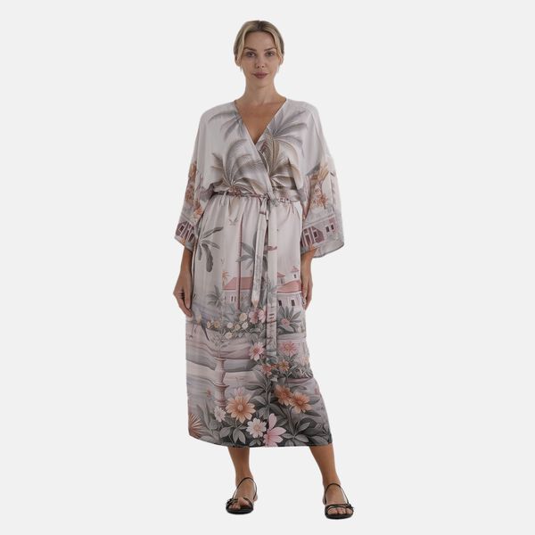 LA MAREY Kimono mit Vogel- und Blumenprint 100% Viskose Einheitsgr&ouml;&szlig;e 128 cm L&auml;nge, Rosa