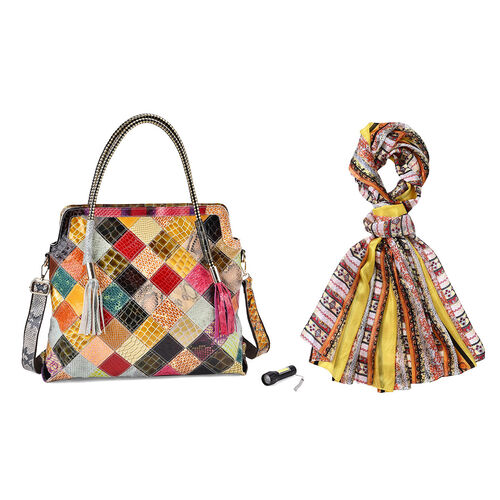 Chaos by Elsie Echtleder Crossbody Tasche mit RFID-Schutz und Mini-Taschenlampe und LA MAREY Schal aus 100% Maulbeerseide image number 0