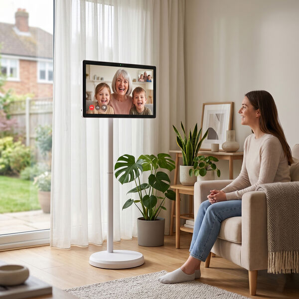 "D01 Smart stand display TV display 21.5INCH OS:aNDROID 15 Solution:MTK8786 Brightness:200-250cd/m2 Resolution ips:1080*1920/60hZ Memory:4G+64GB Color Gamut:sRGB100% WIFI:DUAL-BAND wIFI2.4G+5G Battery:6000Mah Speaaker:3w*2.4Q Camera:8MP Bulid-in color:whi image number 1