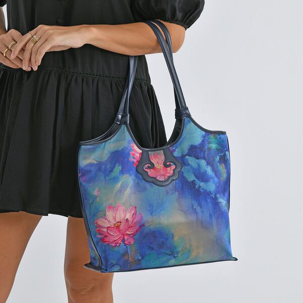 LA MAREY Brokat Handtasche aus Seide und Echtleder, 34x35x11,5cm, Blau mit rosa Blumen image number 3