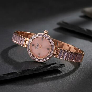 GENOA Time V2, Rosa Diamant-farbene Zirkonia, Kristalluhr, japanisches Uhrwerk, 316L Edelstahl, Rosa