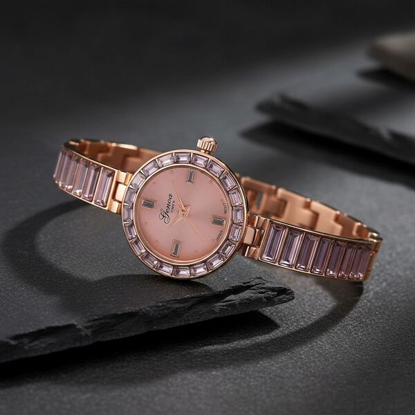 GENOA Time V2, Rosa Diamant-farbene Zirkonia, Kristalluhr, japanisches Uhrwerk, 316L Edelstahl, Rosa image number 2