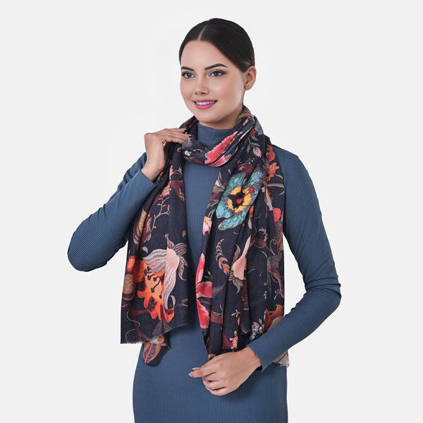 Black Floral Cashmere Wool Scarf image number 2