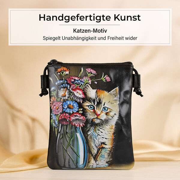 VIVID by SUKRITI Handbemalte Umhängetasche aus echtem Leder, Schwarz, 15,75x19,80cm, Zwei Katzen image number 2
