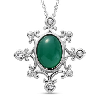 Gr&uuml;ner Onyx und Zirkon-Anh&auml;nger mit Kette, 50 cm, Edelstahl ca. 5,68 ct