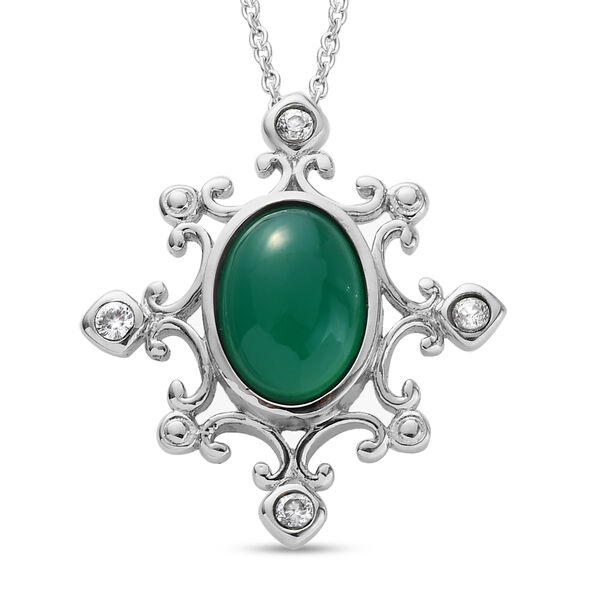 Gr&uuml;ner Onyx und Zirkon-Anh&auml;nger mit Kette, 50 cm, Edelstahl ca. 5,68 ct