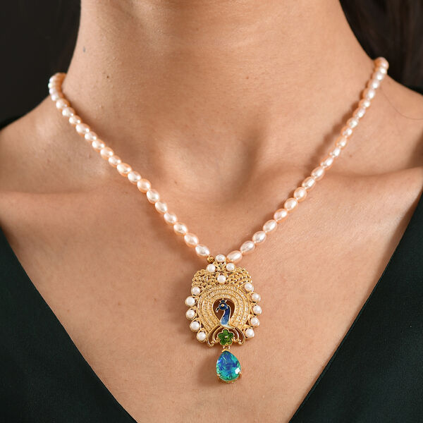 D'Joy Pfau Triplett Quarz, Pfirsich- und S&uuml;&szlig;wasser Perle 45cm Halskette image number 2