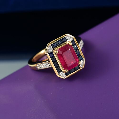 D’joy AA Afrikanischer Rubin (Fissure gefüllt), Blauer Saphir Ring 925 Silber 750 Gelbgold Vermeil (Größe 20.00) ca. 3,15 ct image number 1