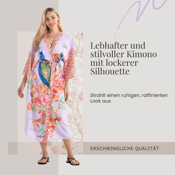Kimono mit G&uuml;rtel, floralem Pfauenmuster, 128&times;78 cm, Fliederfarben image number 2