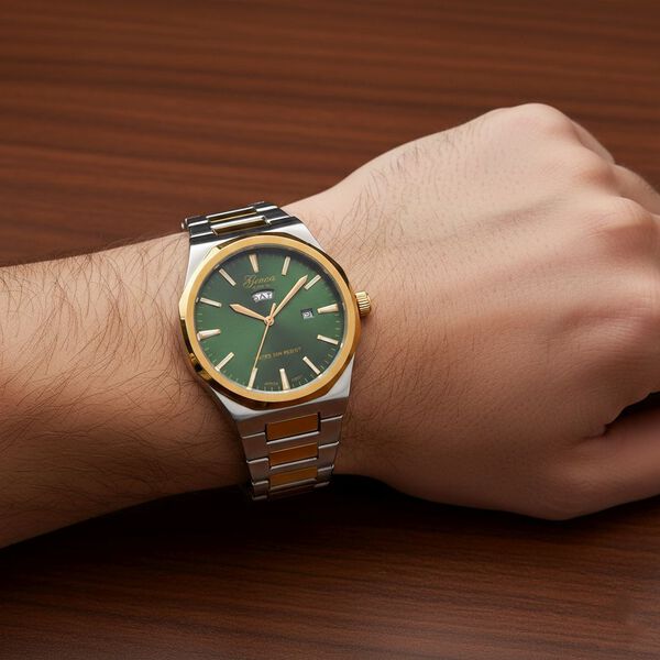 GENOA - Japanisches Uhrwerk, Gr&uuml;nes Sonnenschliff-Zifferblatt mit Balkenindexen, Edelstahl mit Faltschlie&szlig;e, Reiner Edelstahl, Bicolor, 20 cm image number 3