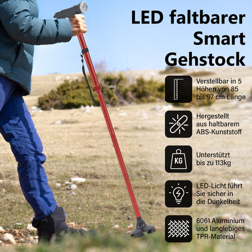 Klappbarer Smart-Walking-Stick mit drehbarem LED-Frontlicht in rot image number 1