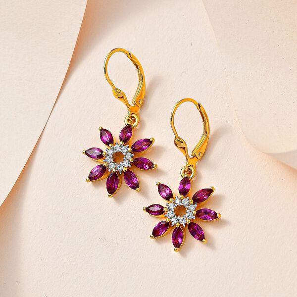 Rhodolith Granat, Wei&szlig;er Zirkon Ohrringe 925 Silber Gelbgold Vermeil ca. 3,17 ct. image number 2