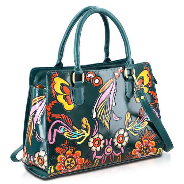 Handbemalte Satchel-Tasche aus 100% Echtleder mit kunstvoller Pr&auml;gung und Blumen-Design, 31x10x23cm, Gr&uuml;n image number 5
