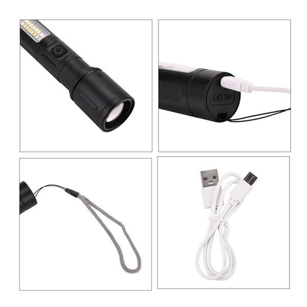 LIVMORE 6 in 1 LED-Taschenlampen aus Metall mit SOS Funktion, wiederaufladbar, 14x3,5 cm, Schwarz image number 5