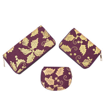 3er-Set Jute Brieftasche, Blattmuster, Gr&ouml;&szlig;e 19,5x3x9,5 cm, Lila und Gold