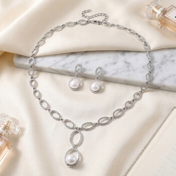 2er Set - Wei&szlig;er Kristall, Wei&szlig;e Muschelkernperle Ohrringe und Halskette ca. 50 cm + 7.5 cm Extender