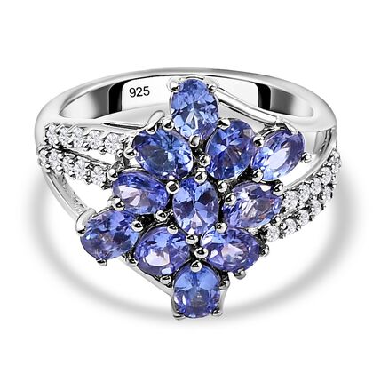 AAA Tansanit und wei&szlig;er Zirkon-Ring, 925 Silber platiniert (Gr&ouml;&szlig;e 16.00) ca. 2.26 ct