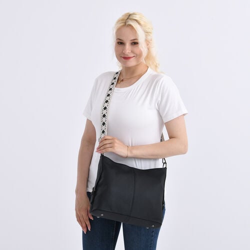 Echtleder-Crossbody-Tasche aus geprägtem Leder, verstellbarer Schulterriemen (ca. 120 cm), 32x12x25 cm, Schwarz image number 1