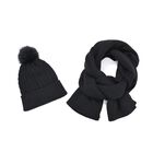 2er Set - Stylische Mütze und Schal, geripptes Beanie mit Bommel, Schwarz, (20x21 cm & 180x29 cm)