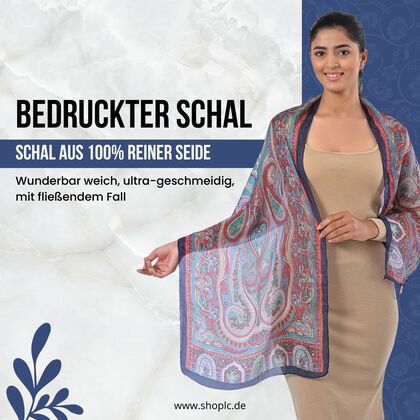 Bedruckter Schal aus 100% Seide, Multicolor-Muster mit dunkelblauer Bord&uuml;re, ca. 70 x 200 cm