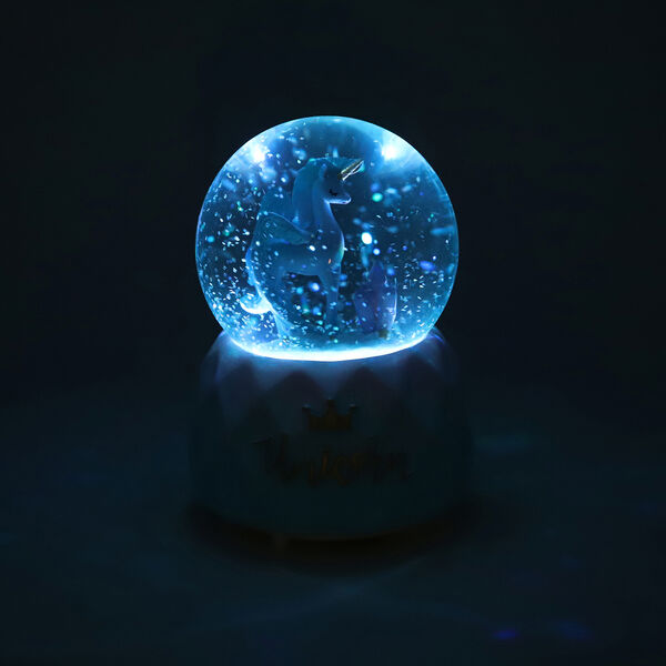 Schneekugel Musik und Licht, 15x10 cm, Einhorn, Blau image number 2