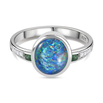 Boulder Opal Triplette, Smaragd Ring 925 Silber rhodiniert (Gr&ouml;&szlig;e 16.00) ca. 1,72 ct