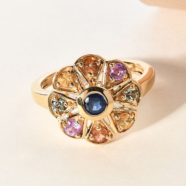 Floraler, mehrfarbiger Saphir-Ring, 925 Silber vergoldet, 1,03 ct. image number 2