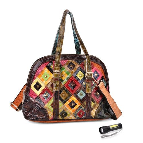 "Chaos by Elsie Genuine Leather Crossbody Bag with RFID with Mini flash torch 1.Color:Multicolor Embossed crocdile shining square shape pattern with flower  Size:32*14.5*24CM Handle drop:?cm             Wall: Genuine Leather Lining: Polyester image number 0