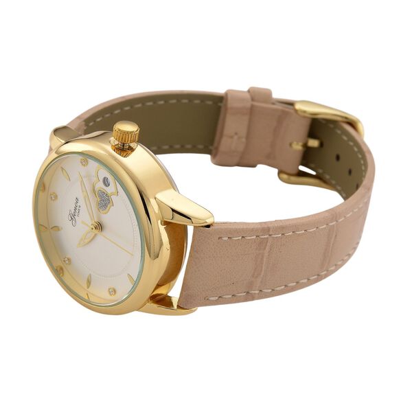 GENOA - Automatik-Armbanduhr mit Herz-Design und Datumsanzeige, Dandong-Uhrwerk, Wei&szlig;es Zifferblatt, Goldfarben, Helltaupes Lederarmband, 36 mm image number 6