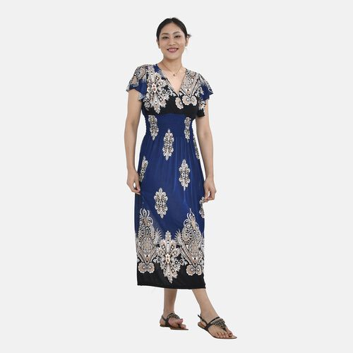 Maxikleid mit gesmokter Taille und Flatterärmeln, One Size, Blau image number 0