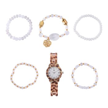 6er Set - gefertigt aus Harz: 5 Armb&auml;nder und Leopardenmuster Uhr, vergoldet