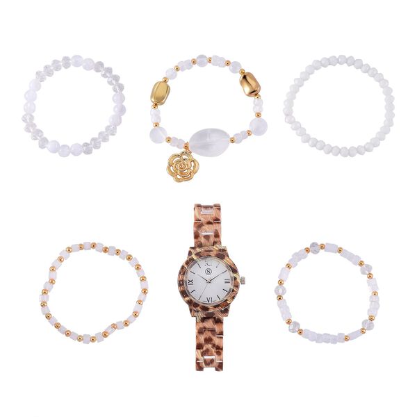 6er Set - gefertigt aus Harz: 5 Armb&auml;nder und Leopardenmuster Uhr, vergoldet