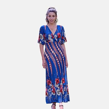 Gesmoktes Maxi-Kleid, Blumenmuster, Blau
