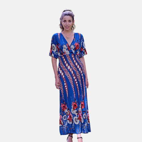 Gesmoktes Maxi-Kleid, Blumenmuster, Blau image number 0
