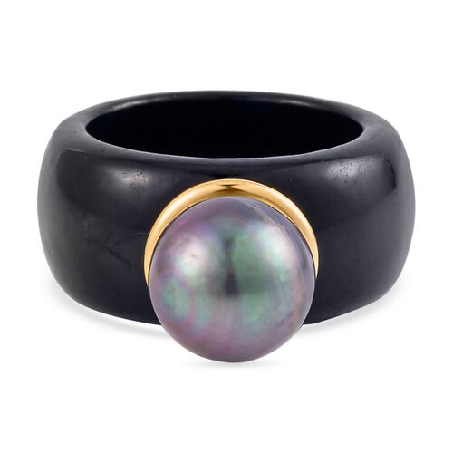 Schwarze Jade, Tahiti Perle Ring (11-12 mm), 925 Silber Gelbgold Vermeil, (Größe 21.00) ca. 38.68 ct image number 0