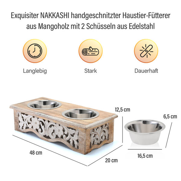 NAKKASHI handgeschnitzter Haustier-F&uuml;tterer aus Mangoholz mit 2 Schl&uuml;sseln aus Edelstahl image number 6