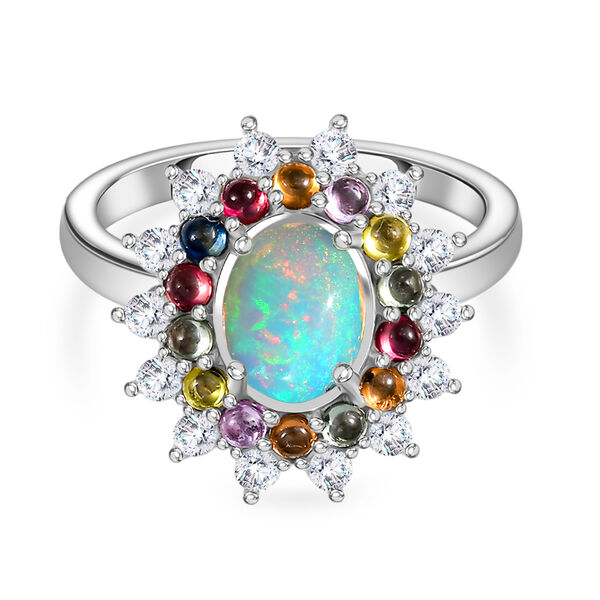 AA Nat&uuml;rlicher, &auml;thiopischer Welo Opal, Mehrfarbiger Saphir Ring 925 Silber rhodiniert (Gr&ouml;&szlig;e 19.00) ca. 2.41 ct