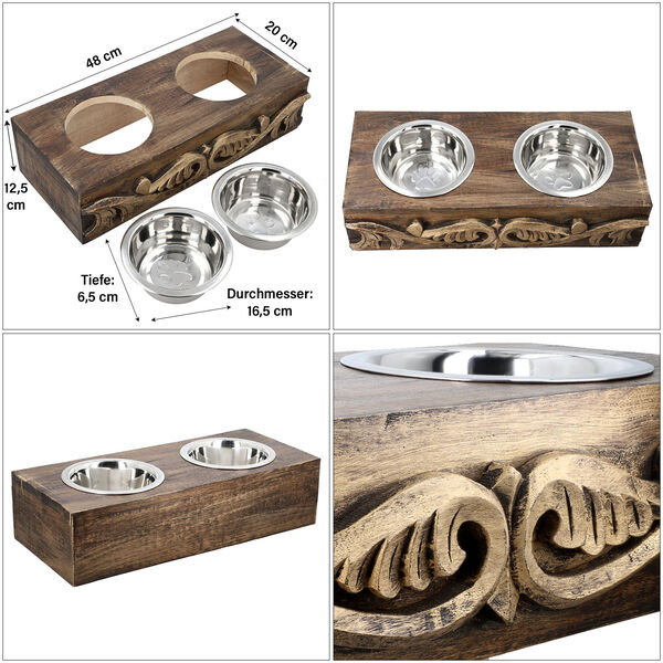 NAKKASHI handgeschnitzter Futternapf aus Mangoholz mit Edelstahl-Schüsseln, dunkelbraun image number 4