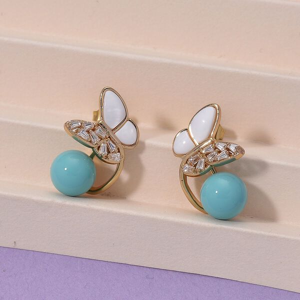 Sleeping Beauty Farbe Muschelkernperle (7-9 mm), Wei&szlig;es Perlmutt Ohrringe, Nickelfreies Messing, golfarben image number 2