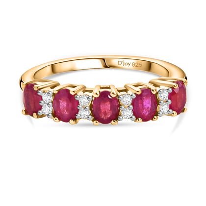 Victorian Era Five Stone - Afrikanischer Rubin (Fissure gef&uuml;llt), Wei&szlig;er Zirkon Ring 925 Silber 750 Gelb Vergoldet (Gr&ouml;&szlig;e 21.00) ca. 1.39 ct