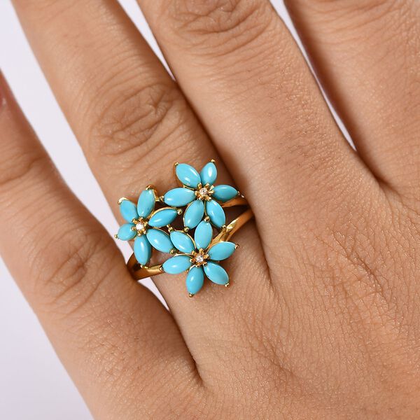 Bl&uuml;hende Blumen Sleeping Beauty T&uuml;rkis, Wei&szlig;er Zirkon Ring 925 Silber 750 Gelb Vergoldet (Gr&ouml;&szlig;e 17.00) ca. 2,39 ct image number 3