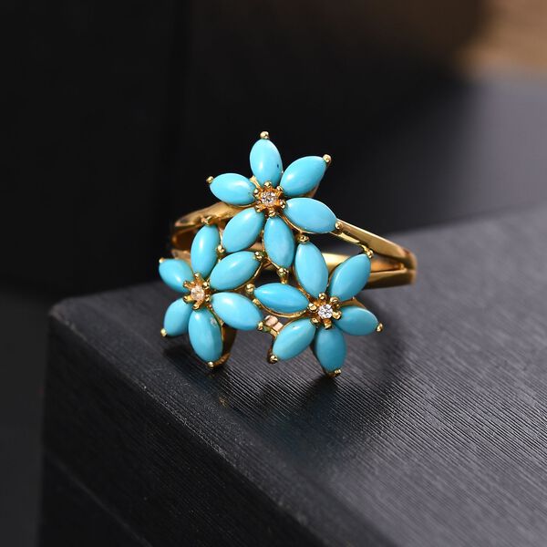 Bl&uuml;hende Blumen Sleeping Beauty T&uuml;rkis, Wei&szlig;er Zirkon Ring 925 Silber 750 Gelb Vergoldet (Gr&ouml;&szlig;e 17.00) ca. 2,39 ct image number 2