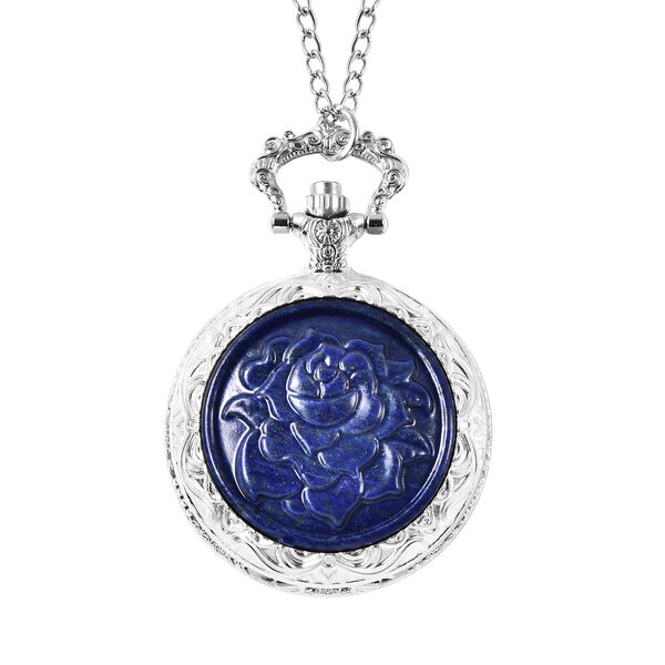 Strada - Lapislazuli-Taschenuhr mit Rosenmuster, Japanisches Uhrwerk, silberfarben