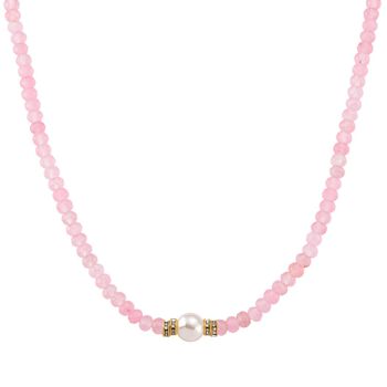 Muschelkernperle (9-11 mm) Halskette mit Rosenquarz, verstellbar 40.5 cm +10 cm Extender, goldfarben