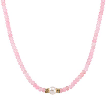 Muschelkernperle (9-11 mm) Halskette mit Rosenquarz, verstellbar 40.5 cm +10 cm Extender, goldfarben