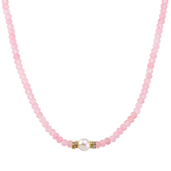 Muschelkernperle (9-11 mm) Halskette mit Rosenquarz, verstellbar 40.5 cm +10 cm Extender, goldfarben image number 0